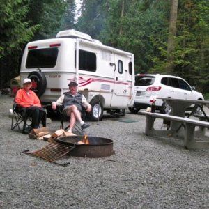 Enjoying the fire at Sequim Bay State Park, Washington.