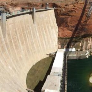 Panorama of Glen Canyon Dam - Lake Powell to the left, Colorado River to the right