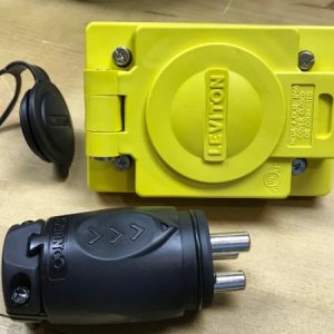 Portable Solar Panel Plug Option: Pairing a Marinco Trolling Motor Plug/Socket with a Leviton WetGuard waterproof plug cover. May prove to be more wat