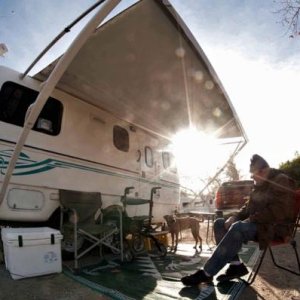 Sunrise at Santee Lakes RV Recreational Park, outside San Diego.