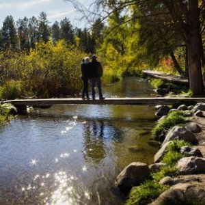 A Young Family on a short Foot Bridge Spanning the Beginning of the Mississippi River, Itasca, MN