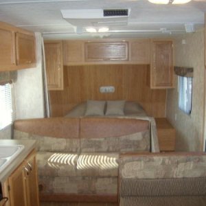 queen bed on the front...curtain separates "bedroom" area from the rest of the camper...