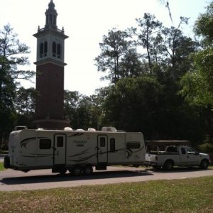 Camper in front of the Bell Tower