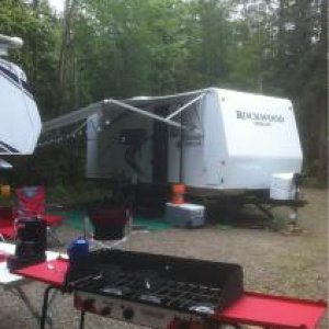 Rockwood 2304S with our 3 burner camp chief in the foreground. Moberly Lake, BC, August 2011.