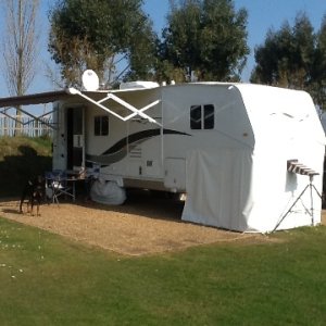 Our rig with a front skirt and tripod stabiliser and Adco tyre cover/protectors