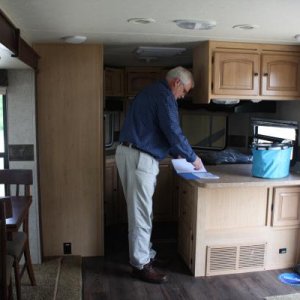 Pre-delivery inspection on our first TT.  "Visiting" our Windjammer 3008W on the dealer's lot 10 days before delivery. (5/8/2012)