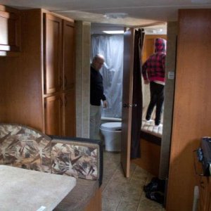 kids' bunks, dinette and bathroom