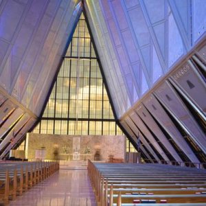 Inside the Air Force Academy cathedral looking toward the alter.  The glass at the back offers great views of the sky and clouds as a backdrop