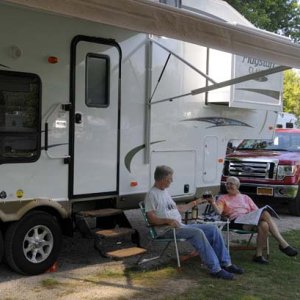 Relaxing with our new trailer in Michigan on the way to the rallyl.