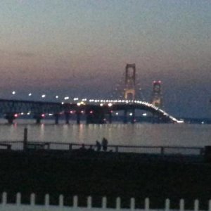 The Mackinaw Bridge at night. In Mackinaw City, Michigan