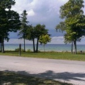 View of Mackinaw Bridge from campsite at Mackinaw Mill Creek Campground.