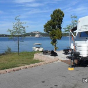 Another campsite view. Can also see The Shepard Of The Hills Tower, Chateau On The Lake, & the coasters looking toward Indian Point at Silver Dollar C