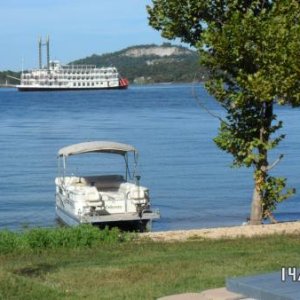 Looking out from the trailer toward our pontoon & the Branson Belle.