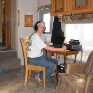 We leave one of the swivel rockers at home to make room for the home made amateur radio table. Table is good for other stuff, too.