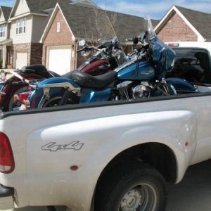 Harleys in the back of the truck