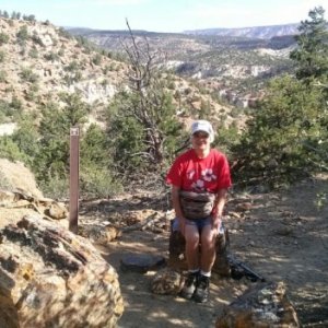 Joyce on petrified wood in escalante st prk, UT