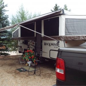 Our Rockwood HW276 is called the Cairngorm Cottage. This is how we look set up at the KOA in Estes Park, where we go for the Longs Peak Highland Games