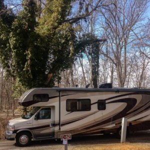 Our new Sunseeker 3050sf on first trip (Warriors Path State Park), two nights -- Dad and the boys! -- site C62 overlooking the woods and lake.