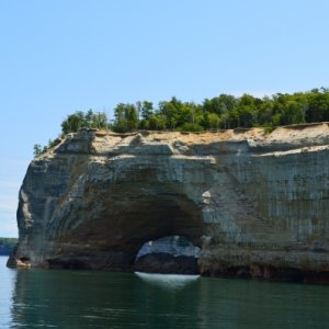 Along the Lake Superior shore as part of the boat tour for Pictured Rocks