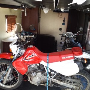 Rubber wheels on rubber floor.  The bikes are going no where. We love our new camper so far. 
will take it out for it's maiden voyage next week for 5 