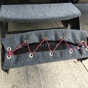 DIY carpet for steps - fold over ends, add 5 grommets, tie tight with rope.