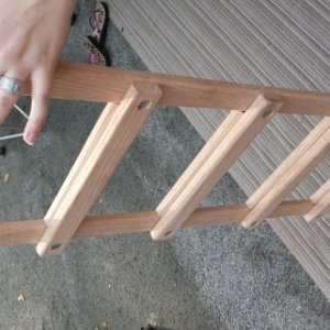 Here is a photo of a bunk ladder I made for our bunkhouse.  It was made with solid oak 1 x 2 wood cut, drilled, lightly sanded and assembled with smal