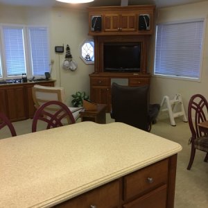 entertainment center in living area, all the cabinets were made in my home workshop. Tambor doors hide the TV.