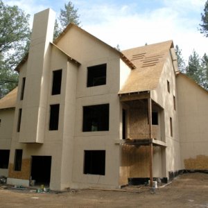 rear view of house framing, walkout basement 45’ to the top