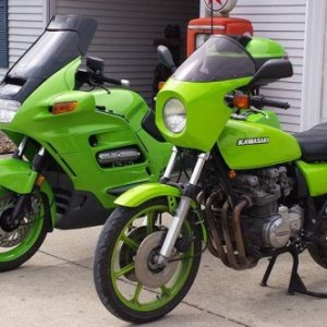 My street bikes, Both Green now. a 1978 Kawasaki KZ650C2 & a 2000 Honda ST1100.