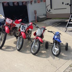 The off road toys for myself, and the grandkids. Honda 2004 CRF230F, 2003 XR80R, 2002 XR70R, & a 2004 Yamaha PW50.