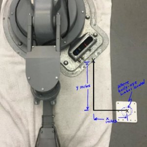 Looking for mounting location for 2019 RS Legacy 38RE relative to the bulls-eye label found on roof. (Note: Shown without dish)