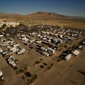 Aerial of lot filled with RV’s camping at Shamrock GP