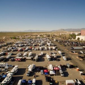 shot of RV’s camping out & the roller coaster at Buffalo Bills