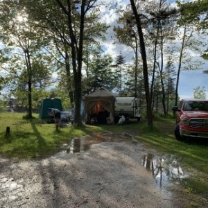 Starting in the UP
Camping with our 2018 GeoPro 12Rk, Apex awning, and Pop Up restroom and shower tents.