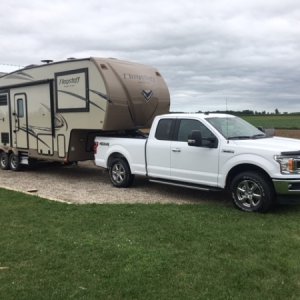 The new truck.  2019 F-150 3.5l Ecoboost, Max Tow package.  Rated payload: 1950 lbs.   Pin weight: 1421 pounds.  Loaded trailer weight: 8700 lbs.