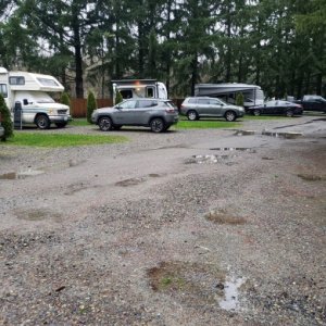 Riverbend RV in Nisqually, WA.  Maiden voyage.  It looks so tiny compared to the other RV's in the line.