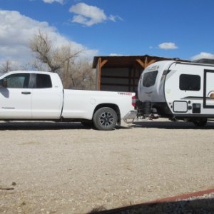 Another picture of the trailer and truck hooked up.  Trailer is loaded but does not have water on board.