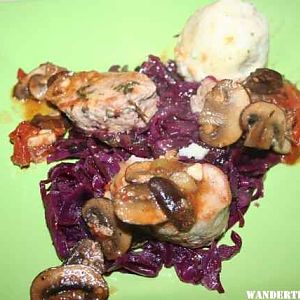 Seared Pork with braised Cabbage and Mushroom sauce