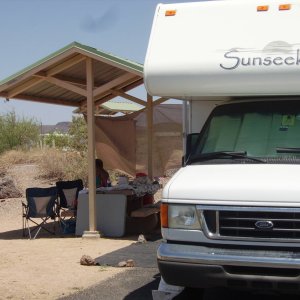 Our site with much needed shade shelter