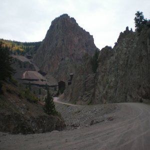 Approaching old mine buildings on the tour.