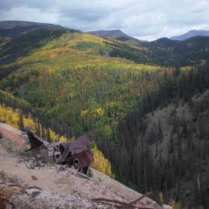 Tailings and old mine building at the Last Chance Mine site.