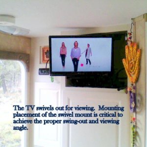 The 19 inch TV, from Wally World, is a perfect fit for the alcove while leaving enough room for a slim DVD player on the alcove below the TV.