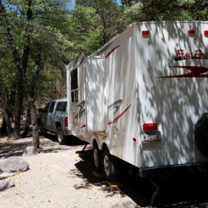 These campsites were set up by CCC in the 1930's.  Tight squeeze and trailer door is on the wrong side.