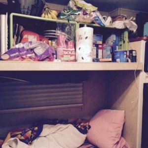 upper bunk pantry - when you need food space for growing kids more than sleeping areas in a tiny camper