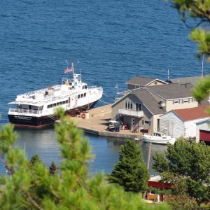 View of the Isle Royale boat in Copper Harbor from Brockway Mountain Drive