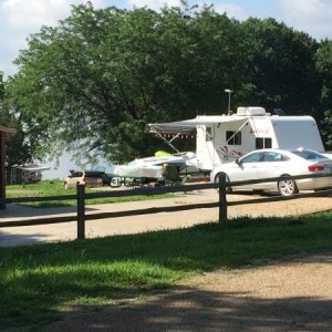 Camping at Lake Perry, Kansas.  Last spot available. Lucky-concrete slab to park on and next to flush toilets!