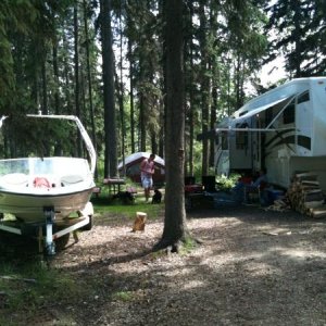 Hilliards Bay Provincial campground... kids with the tent and the boat