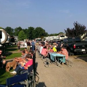 Saturday Night Pot-luck (photo 3) - Everyone enjoying themselves on Buggy Lane at Shipshewana South Campground.