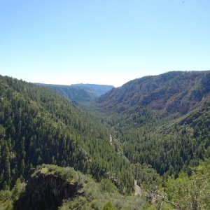 The road from Flagstaff to Sedona, Arizona as viewed from a vista point.