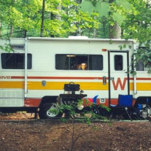 The 75 Winnebago Brave D-21 at Virginia's Fairystone State Park. The Dodge M series chassis was a tough one.  Dodge 440 powered.